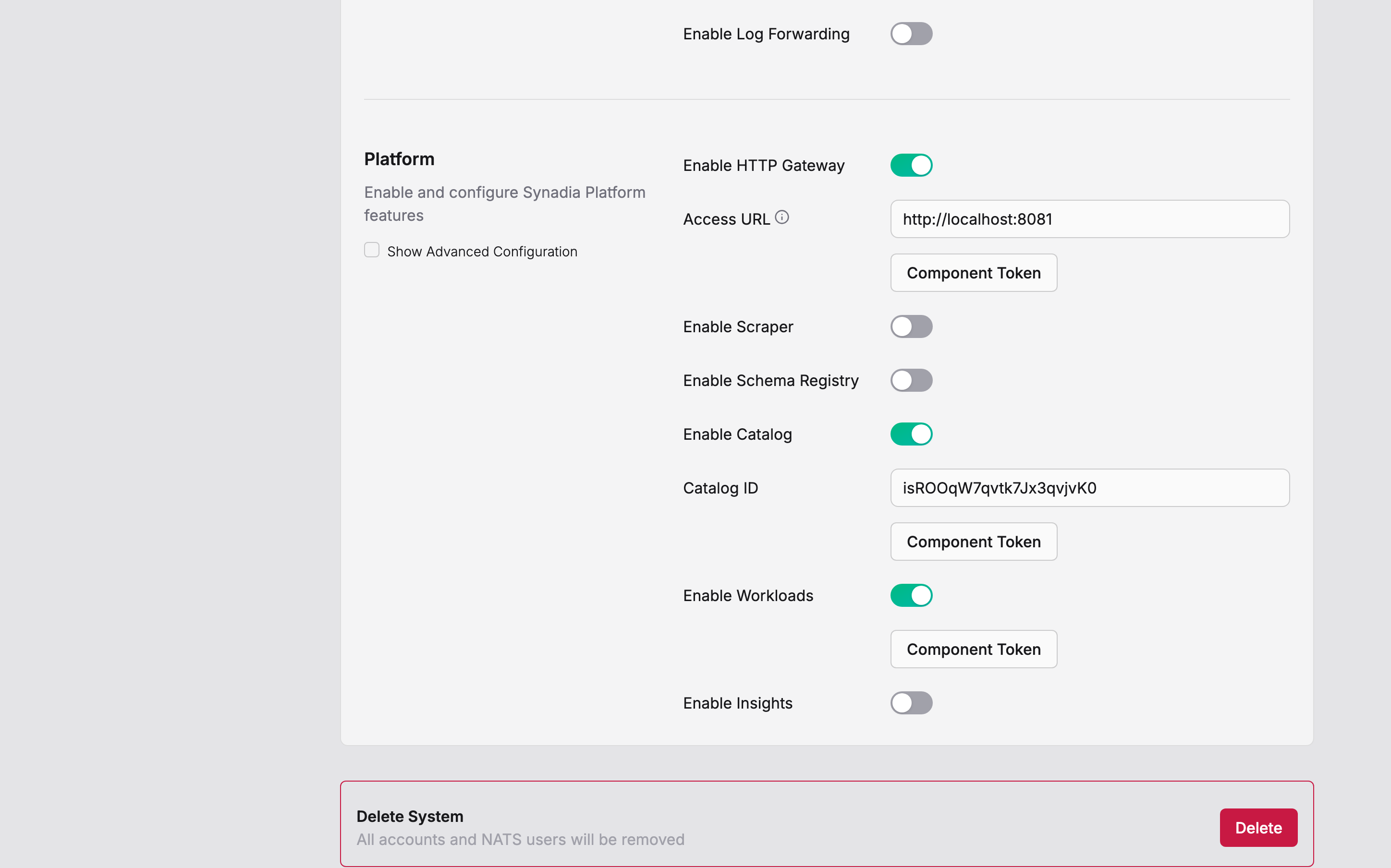 In your NATS system Settings, turn on Enable Catalog and paste the NUID you generated into Catalog ID. Workloads is already on from the previous section. Click Submit at the top.