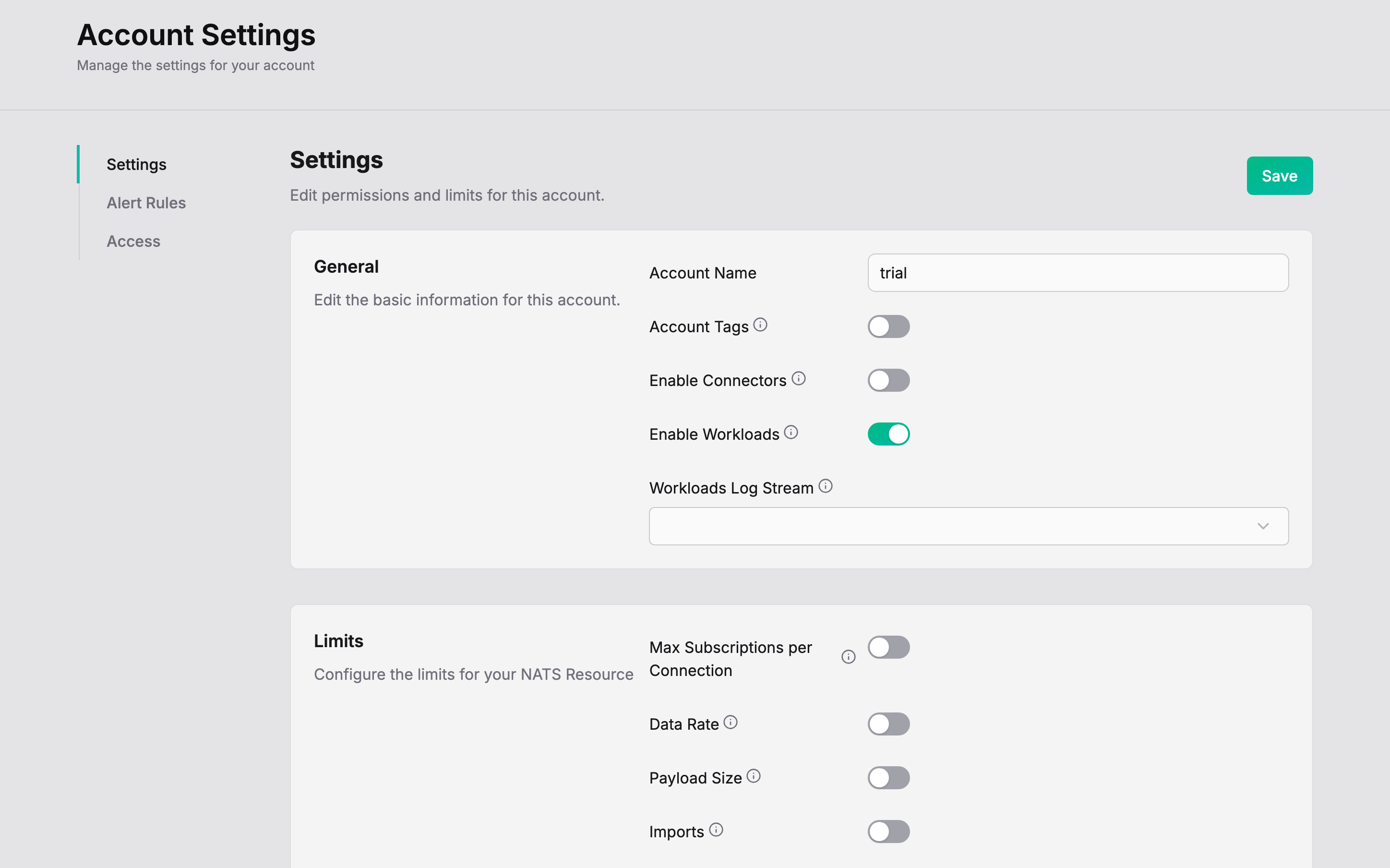 Open the account you deploy to, go to Settings, and turn on Enable Workloads. Click Save.