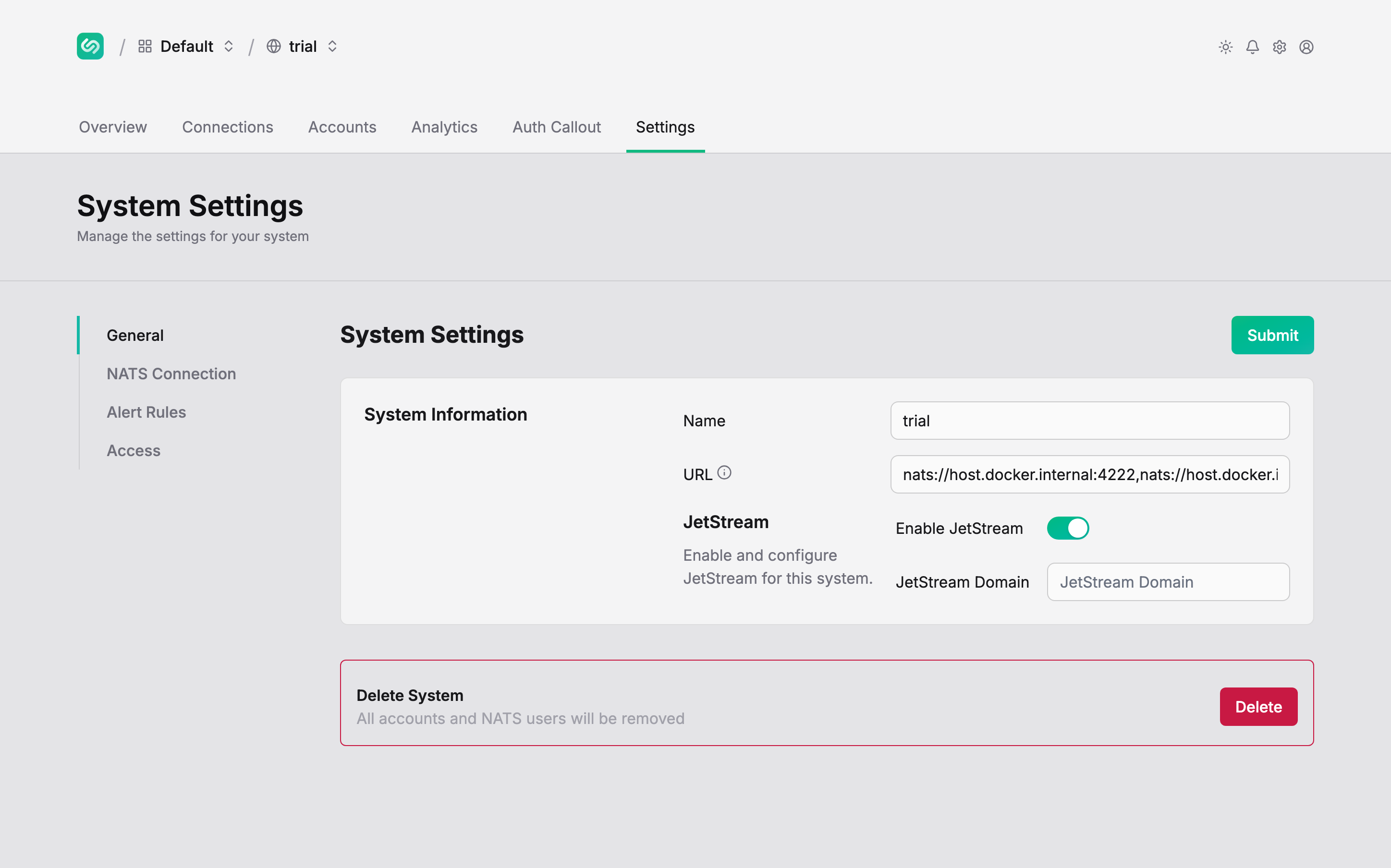 In Control Plane, open your NATS system and go to Settings.